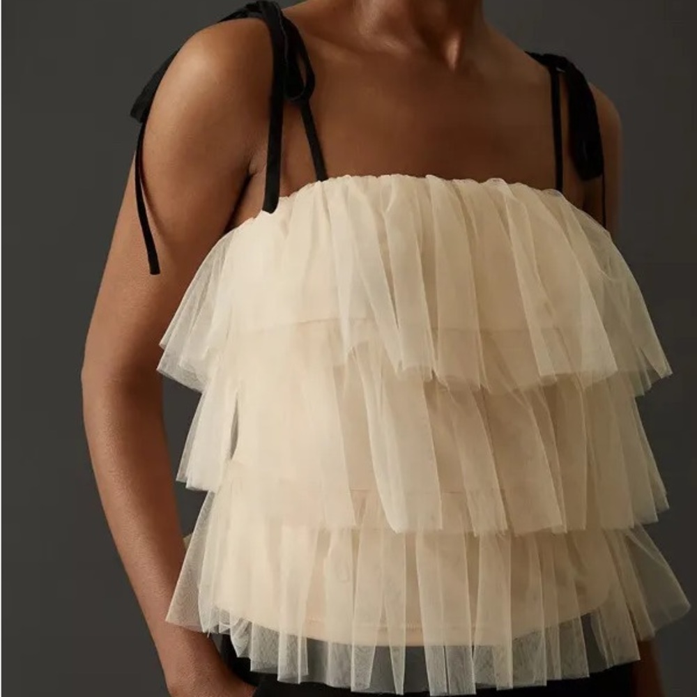 Anthropologie Ivory Tiered Tulle Ruffle Tank with Black Tie Straps